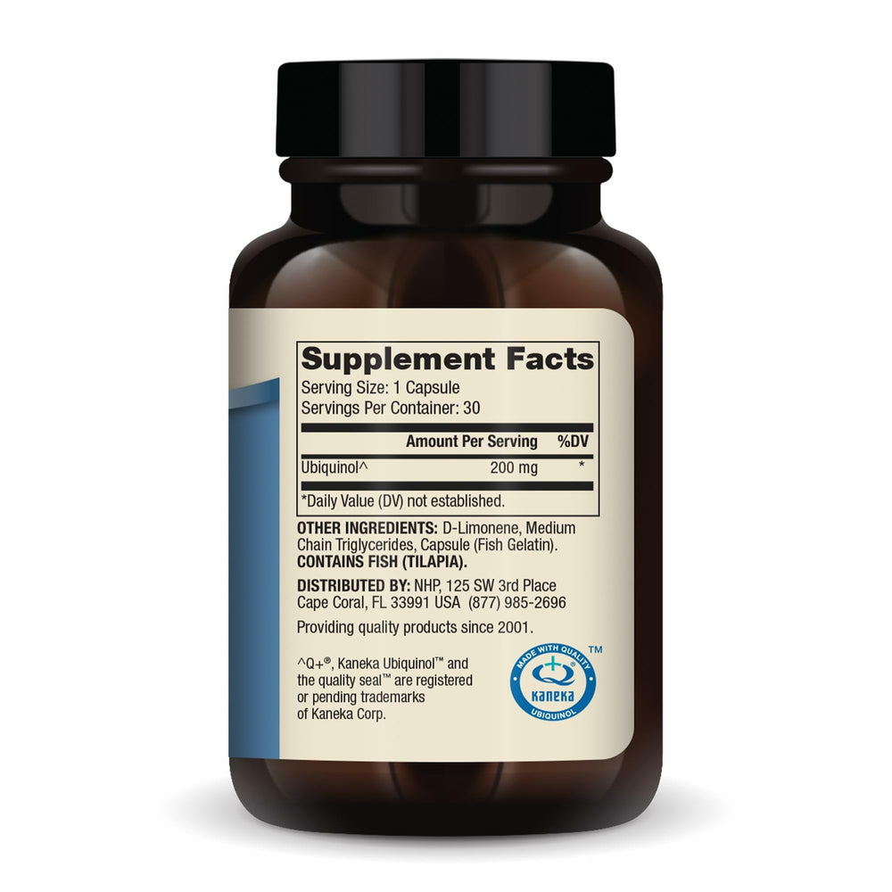 Dr. Mercola Ubiquinol capsules show 200 mg potency and non-GMO.
