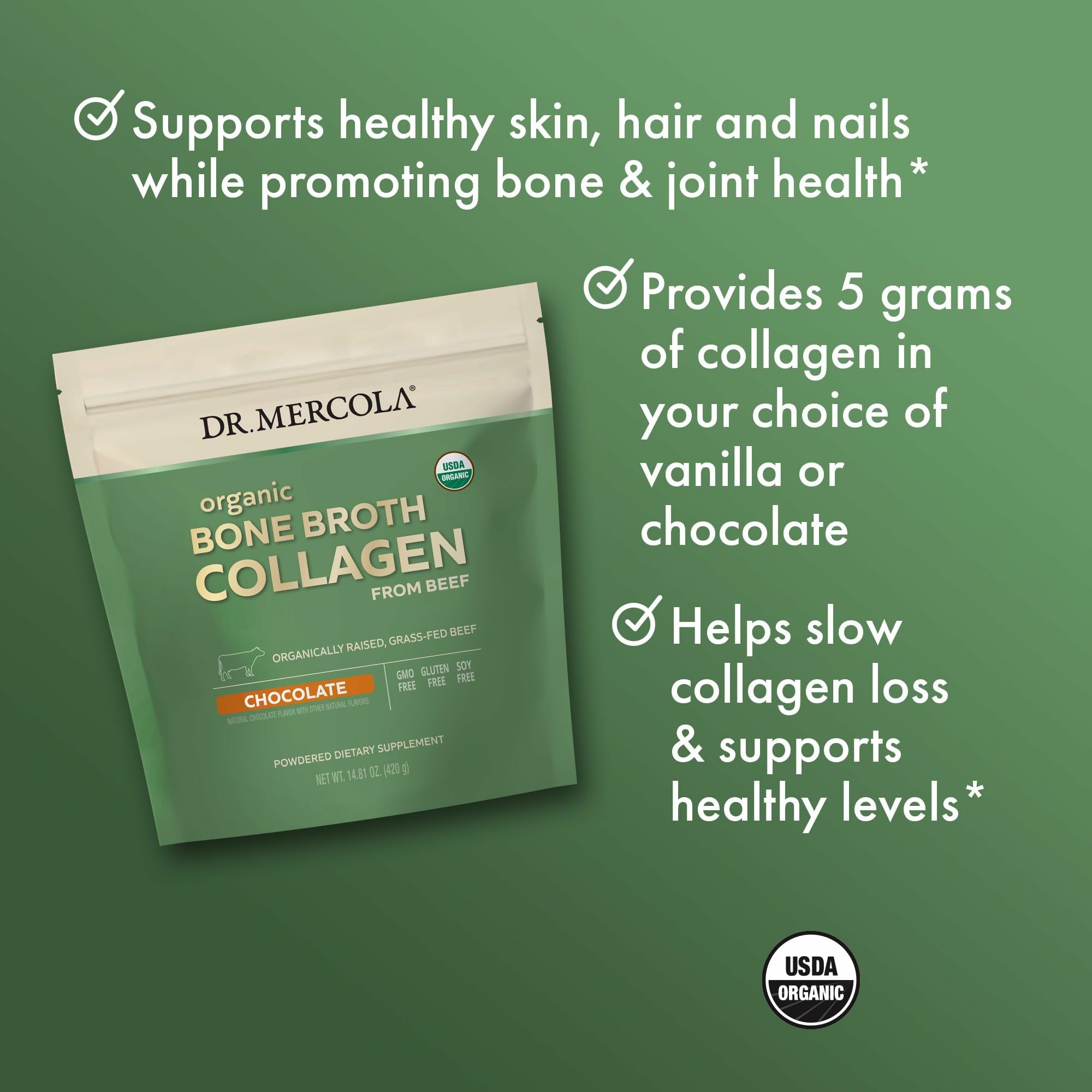 Dr. Mercola product label shows USDA Organic and Non-GMO certification
