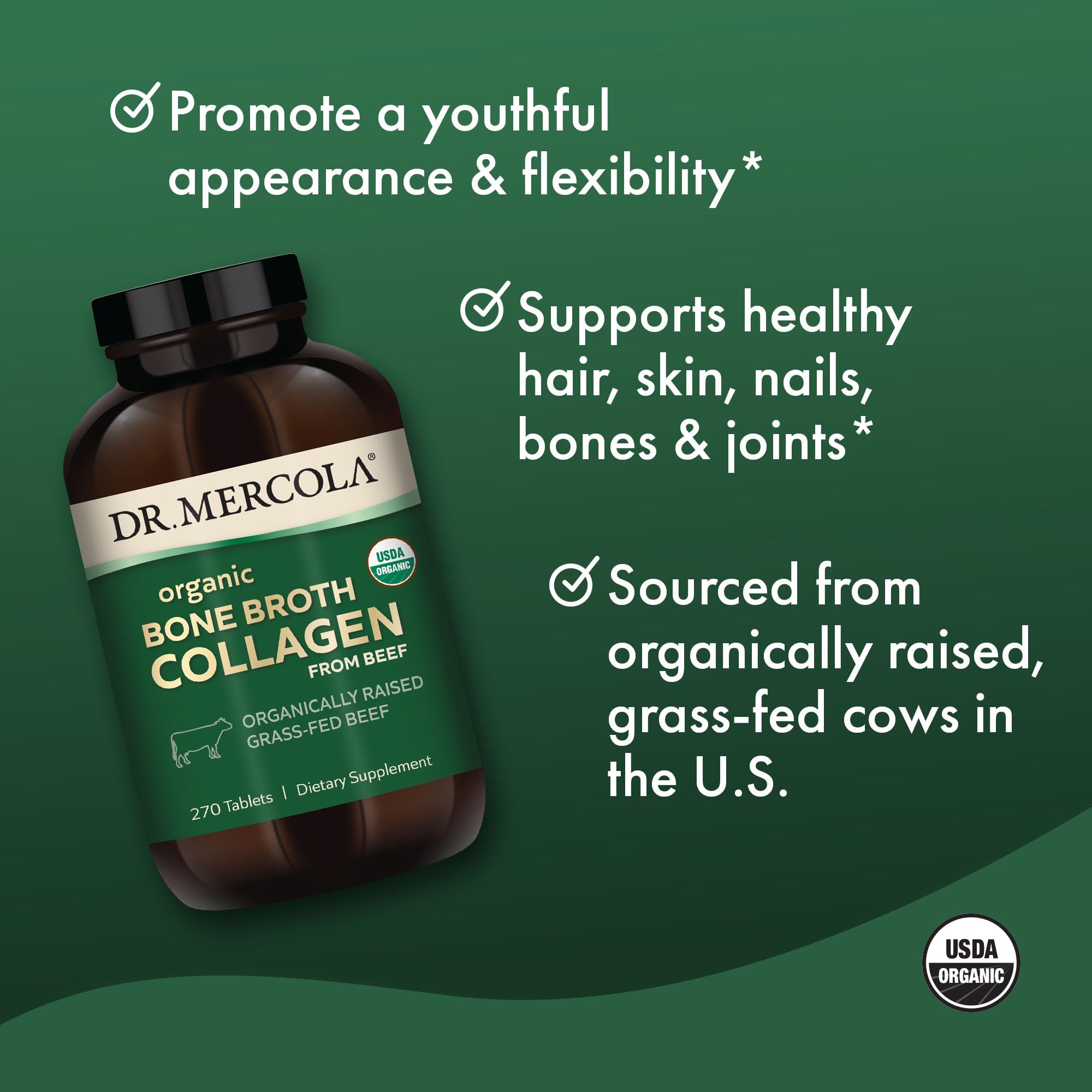 USDA Organic Non-GMO label on Dr. Mercola bone broth collagen product.