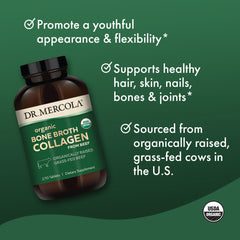 USDA Organic Non-GMO label on Dr. Mercola bone broth collagen product.