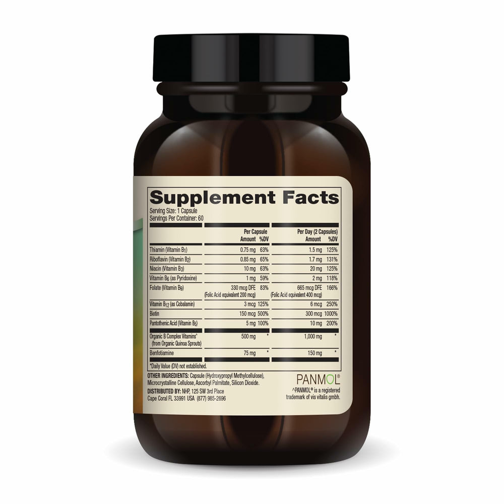 Dr. Mercola Vitamin B Complex bottle back highlighting benfotiamine and non-GMO ingredients.