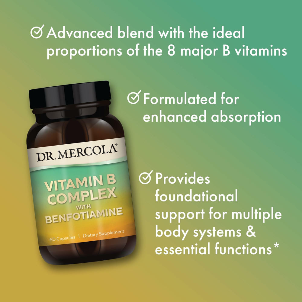 Dr. Mercola Vitamin B Complex label shows organic quinoa sprouts for absorption.