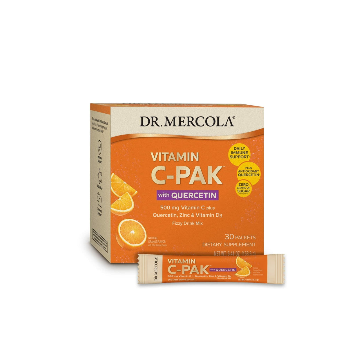 Dr. Mercola Vitamin C-PAK bottle with quercetin for daily immune support.