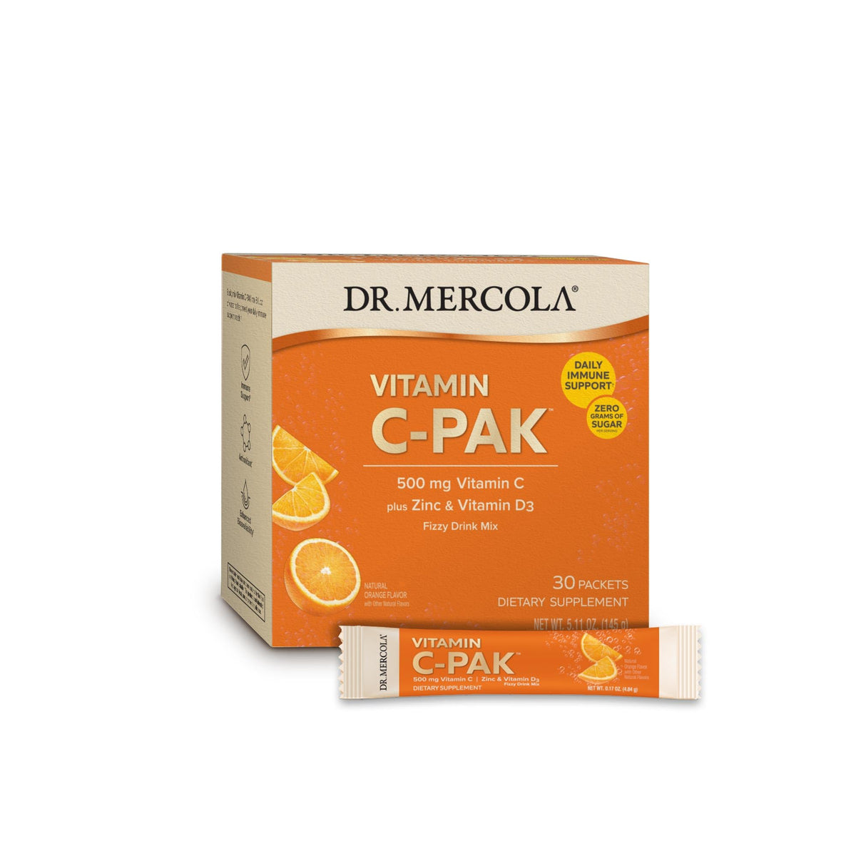 Dr. Mercola Vitamin C-PAK orange powder dissolving in water for a refreshing on-the-go drink