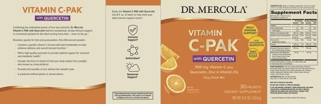 Dr. Mercola Vitamin C-PAK dissolving packet for zero sugar immune support.