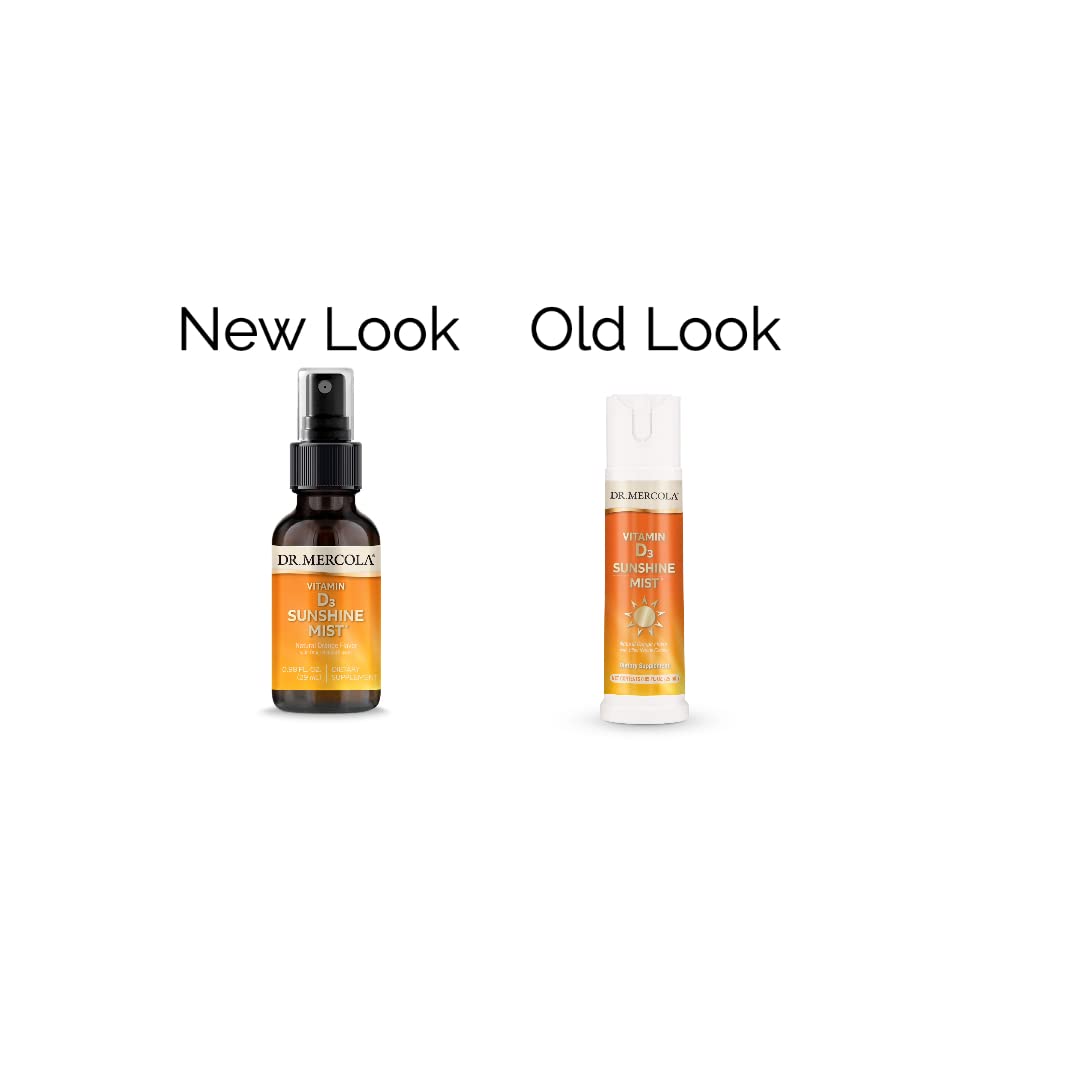 Dr. Mercola Vitamin D3 Sunshine Mist packaging emphasizes travel-friendly, sugar-free use