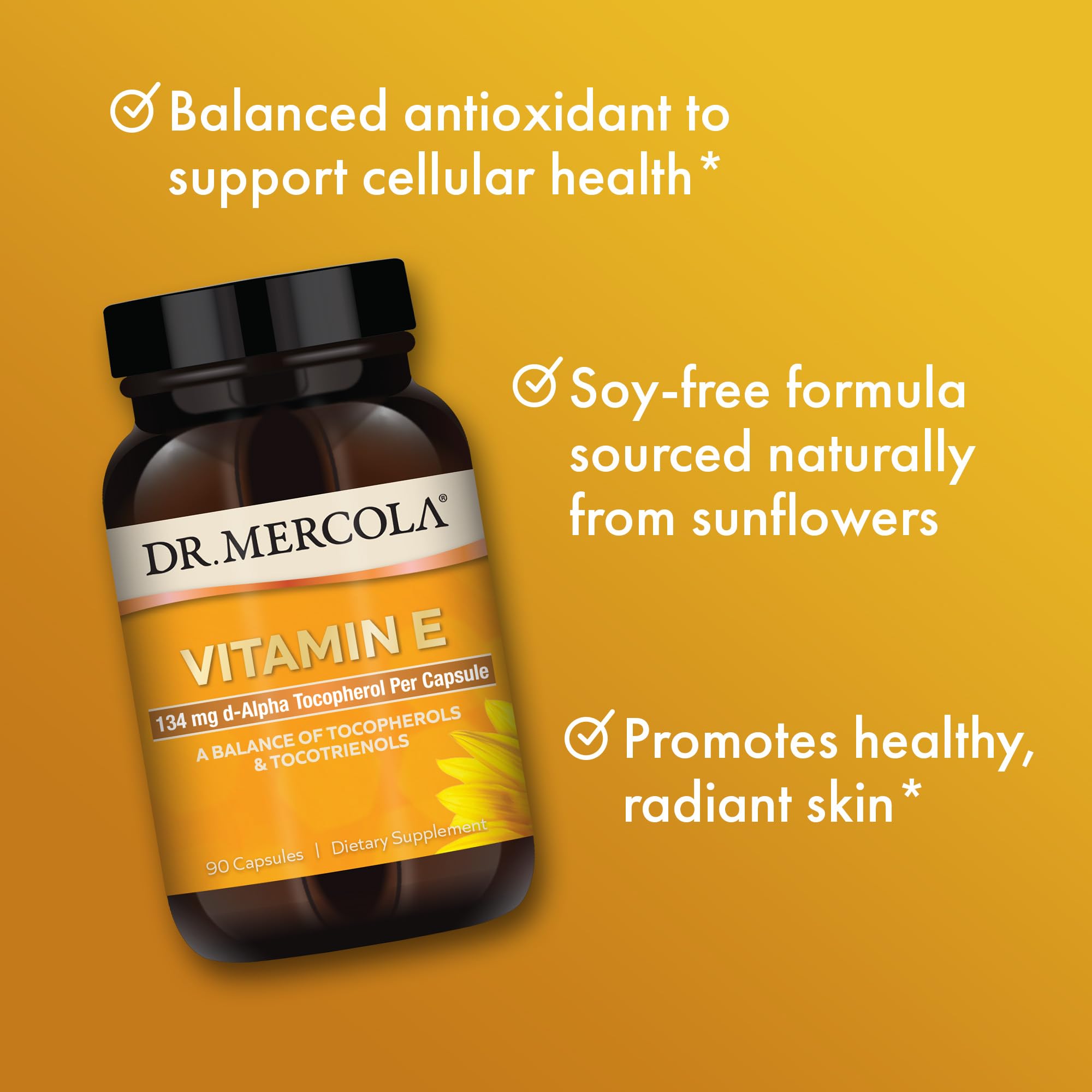 Dr. Mercola Vitamin E sunflower origin symbol on label.
