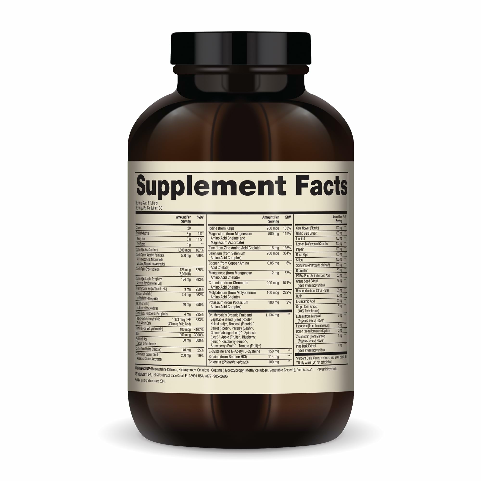 Dr. Mercola Whole-Food Complex bottle label highlighting ingredients and vitamins