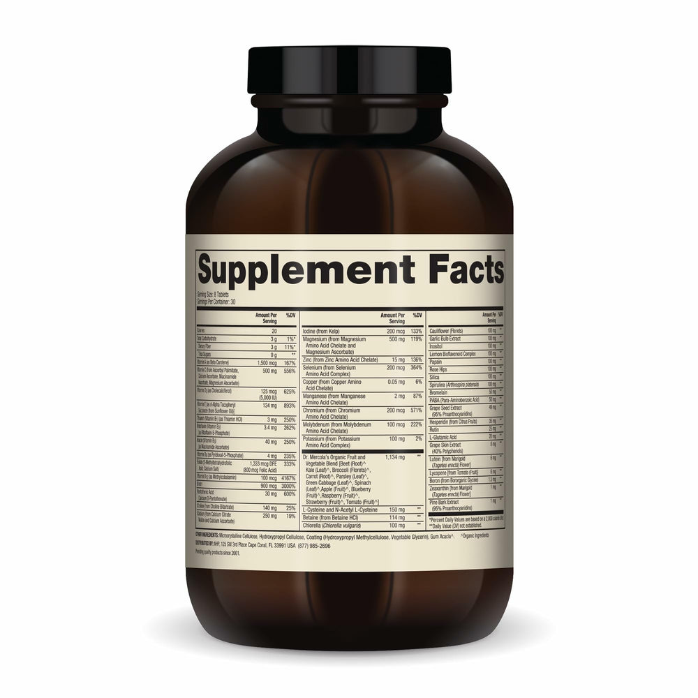 Dr. Mercola Whole-Food Complex bottle label highlighting ingredients and vitamins