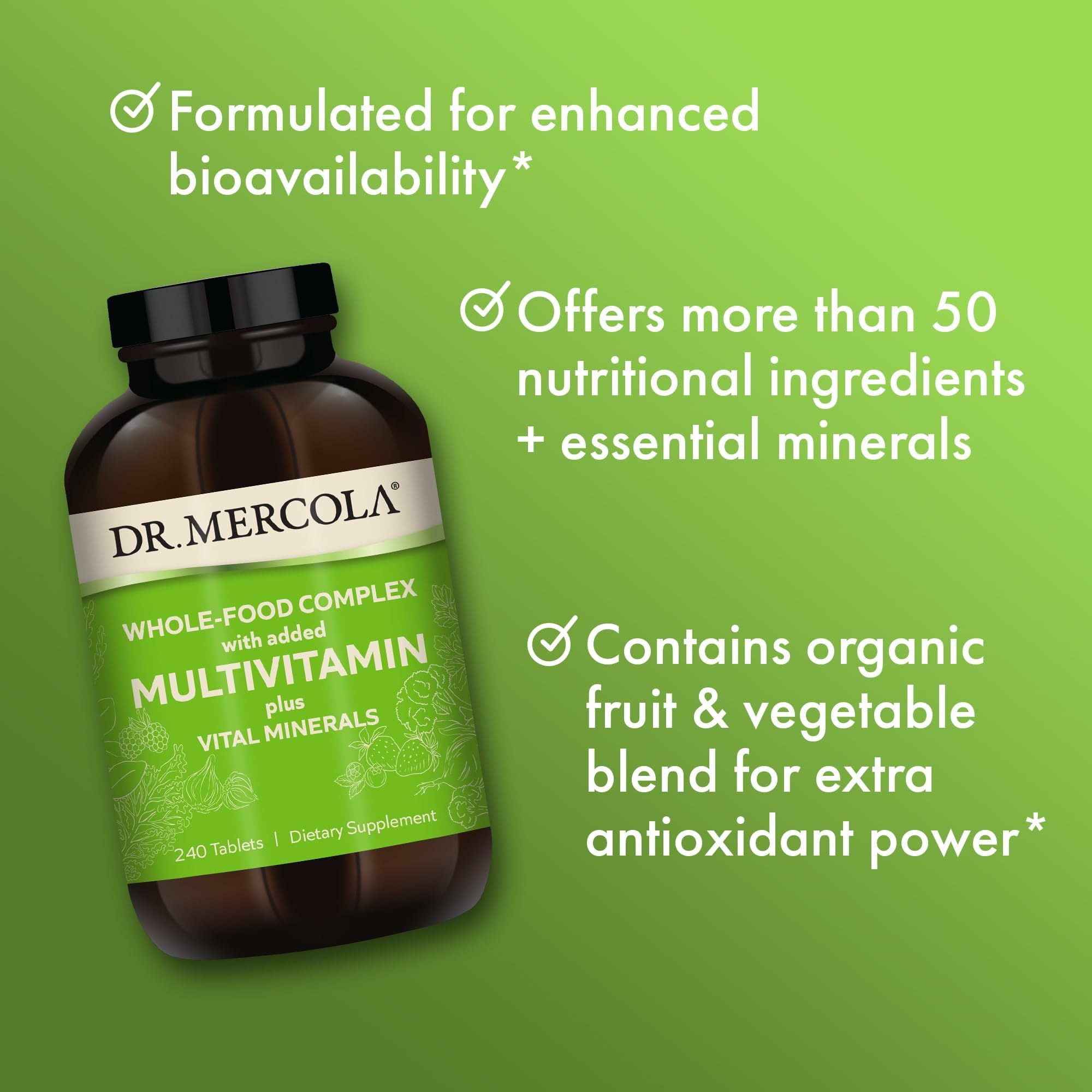 Dr. Mercola Whole-Food Complex packaging box with GMO-free promise