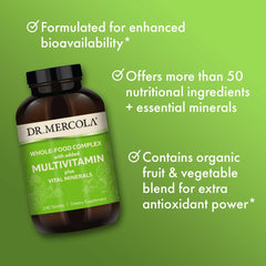 Dr. Mercola Whole-Food Complex packaging box with GMO-free promise