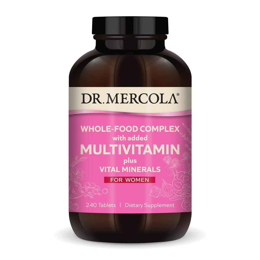 Dr. Mercola Whole-Food Complex for Women bottle pouring highlighting daily nutrition benefits
