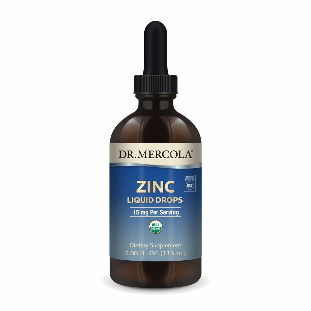 Dr. Mercola Zinc Liquid Drops bottle showing organic zinc for daily immune support.