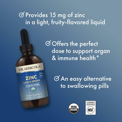 Dr. Mercola Zinc Liquid Drops label highlighting purity and certifications
