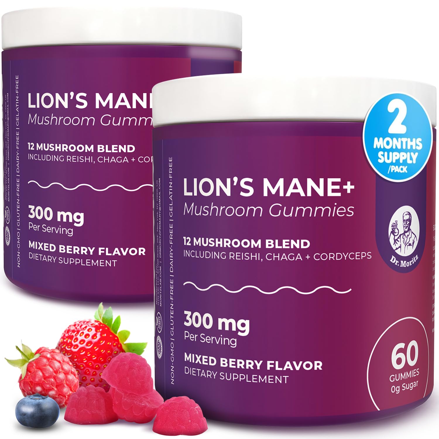 DR. MORITZ Lions Mane Gummies bottle front, tasty daily boost for adults