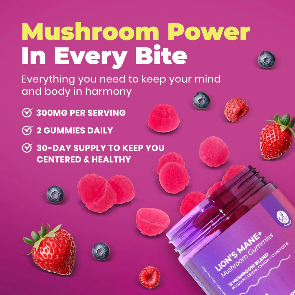 DR. MORITZ Lions Mane Gummies packaging with 12-mushroom blend graphic