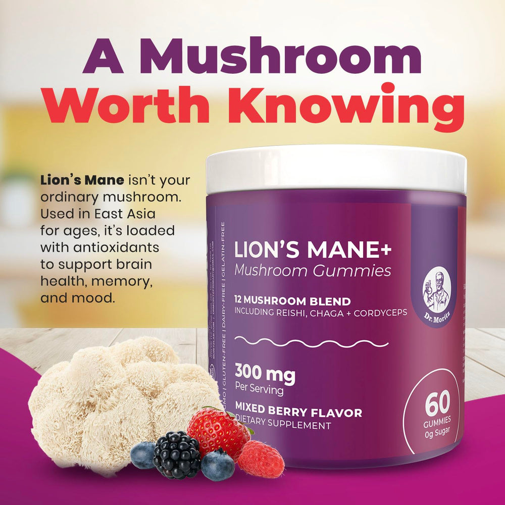DR. MORITZ Lions Mane Gummies on a spoon, berry flavor and easy chewability