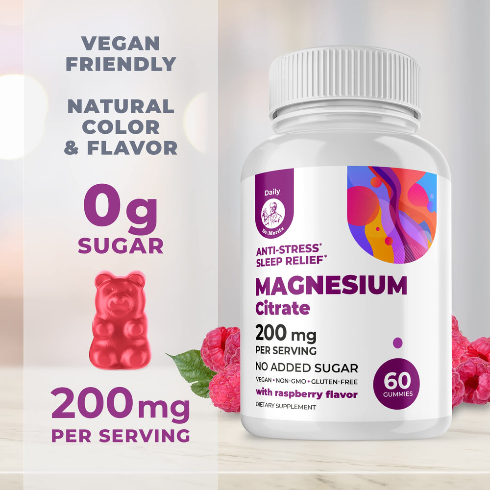 DR. MORITZ gummies on a glass showcasing raspberry flavor and mood support.