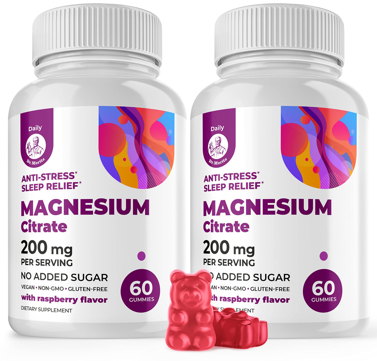 DR. MORITZ Magnesium Gummies Raspberry bottle for calm evenings.