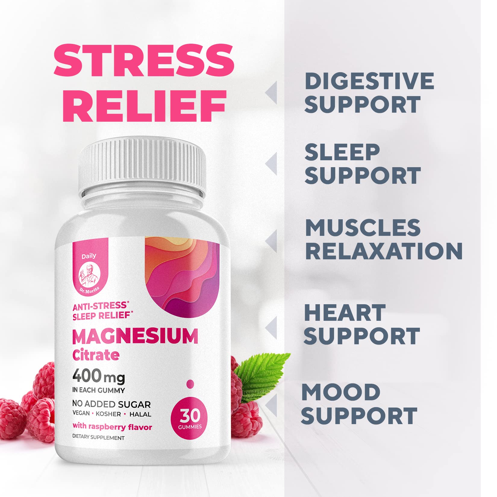 DR. MORITZ Raspberry gummies on plate show tasty, sugar-free calm