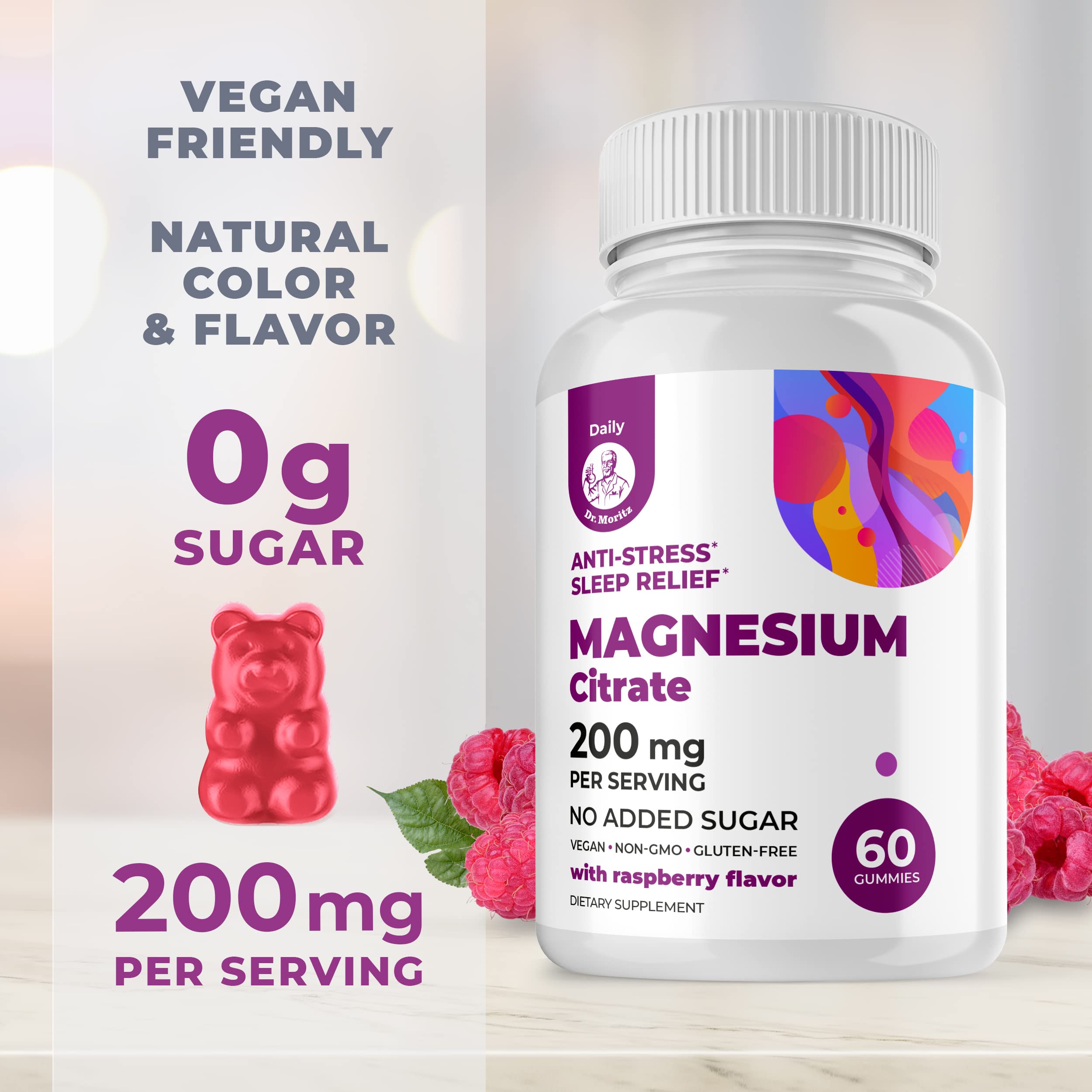 Close-up of DR. MORITZ gummies raspberry flavor and texture.