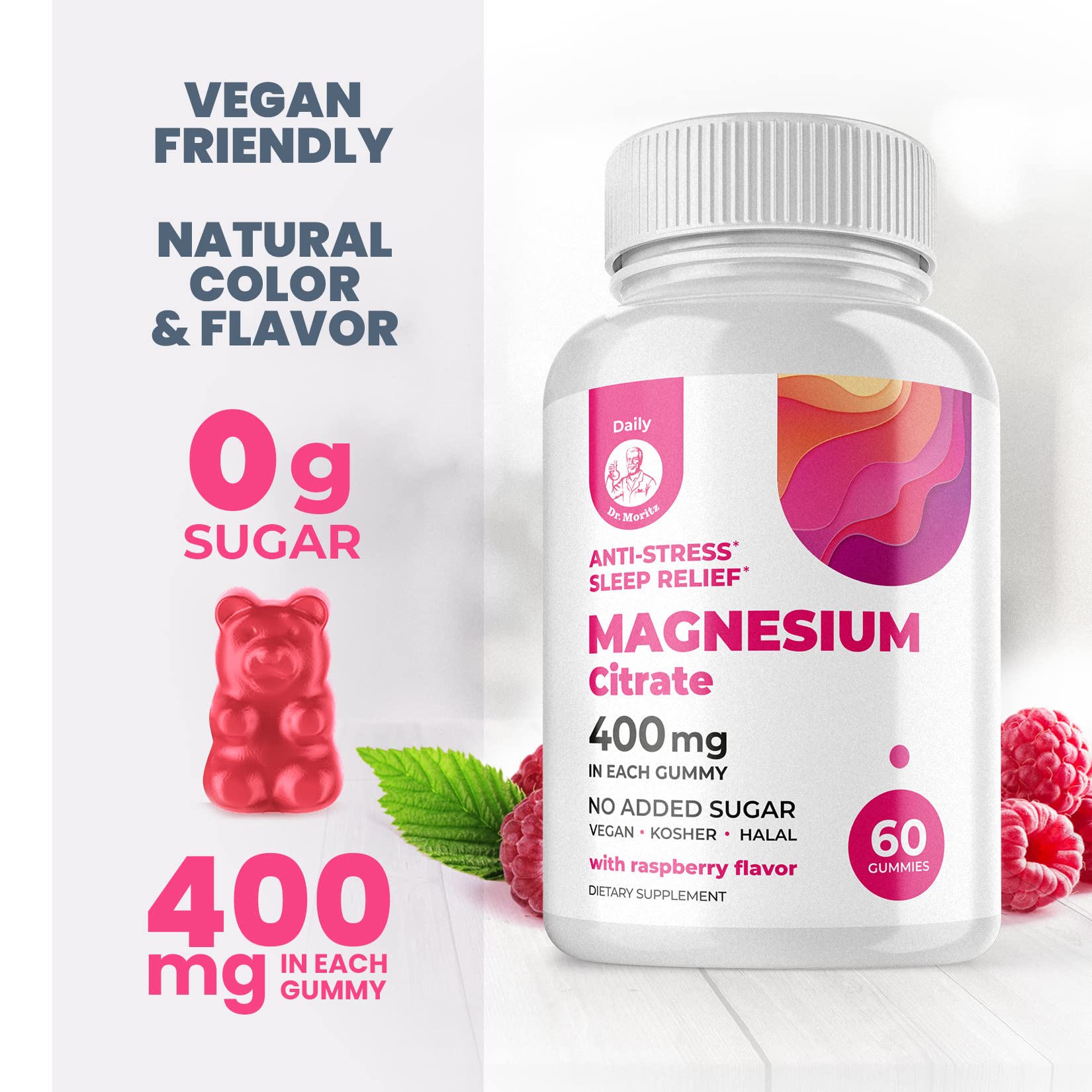 DR. MORITZ Magnesium Gummies Raspberry gummies close-up for kids and adults.