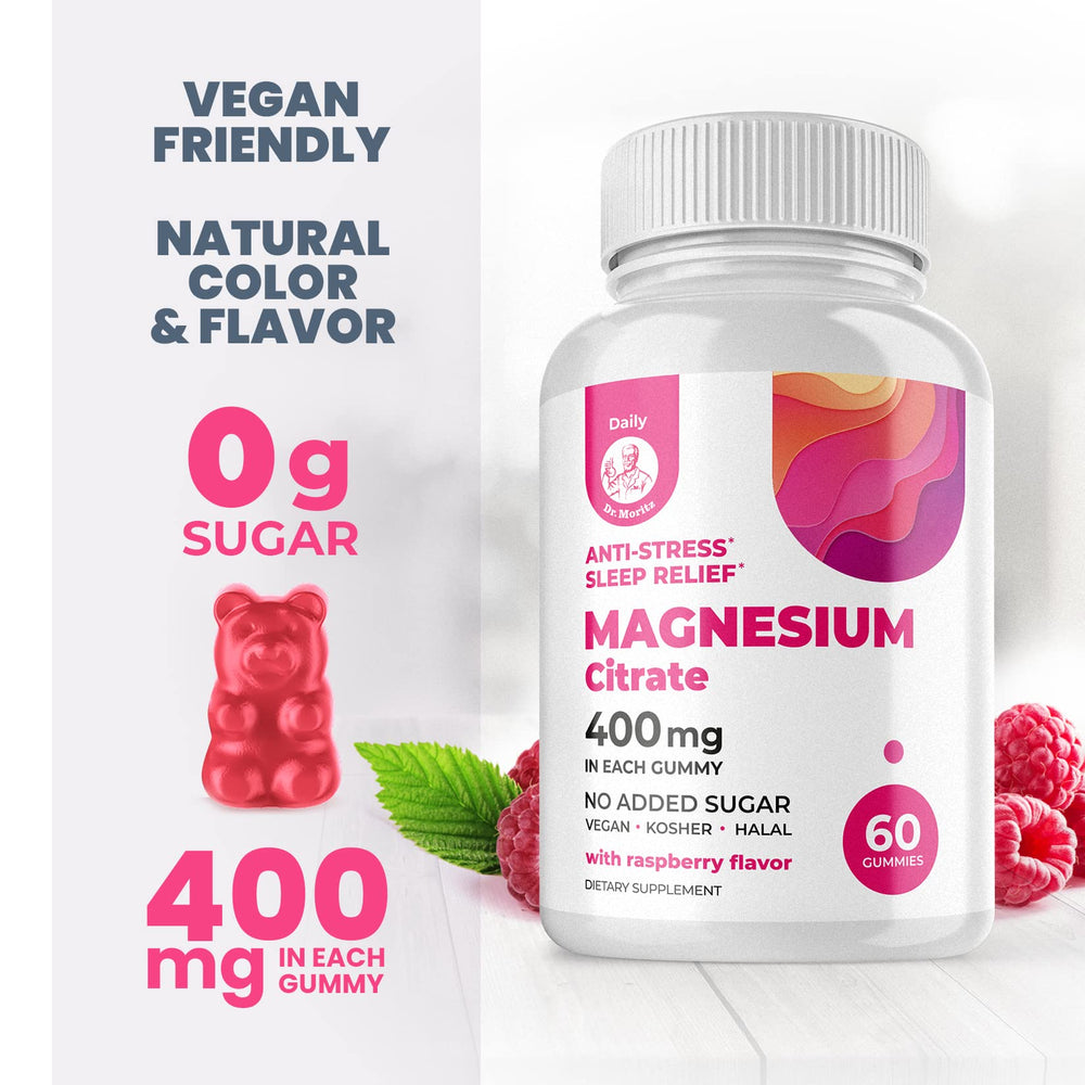 DR. MORITZ Magnesium Gummies Raspberry gummies close-up for kids and adults.