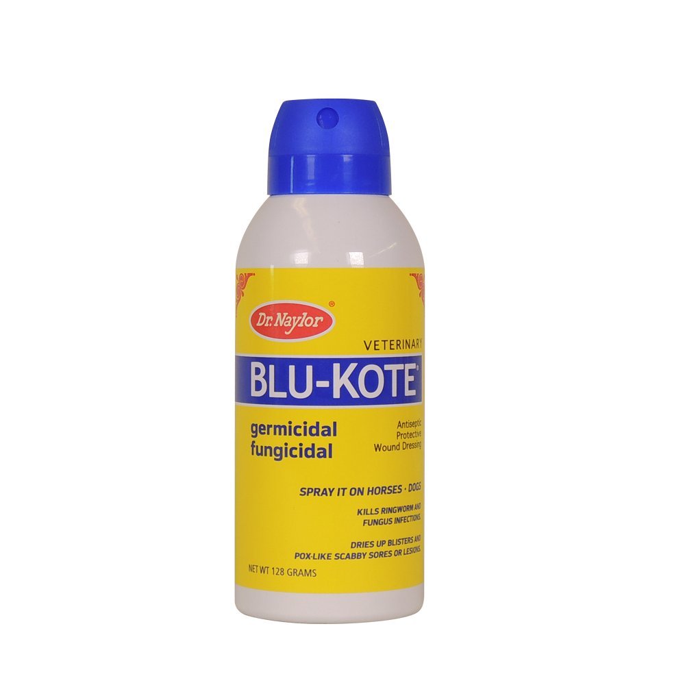 Dr. Naylor Blu-Kote aerosol bottle for fast-drying antiseptic wound care in pets.