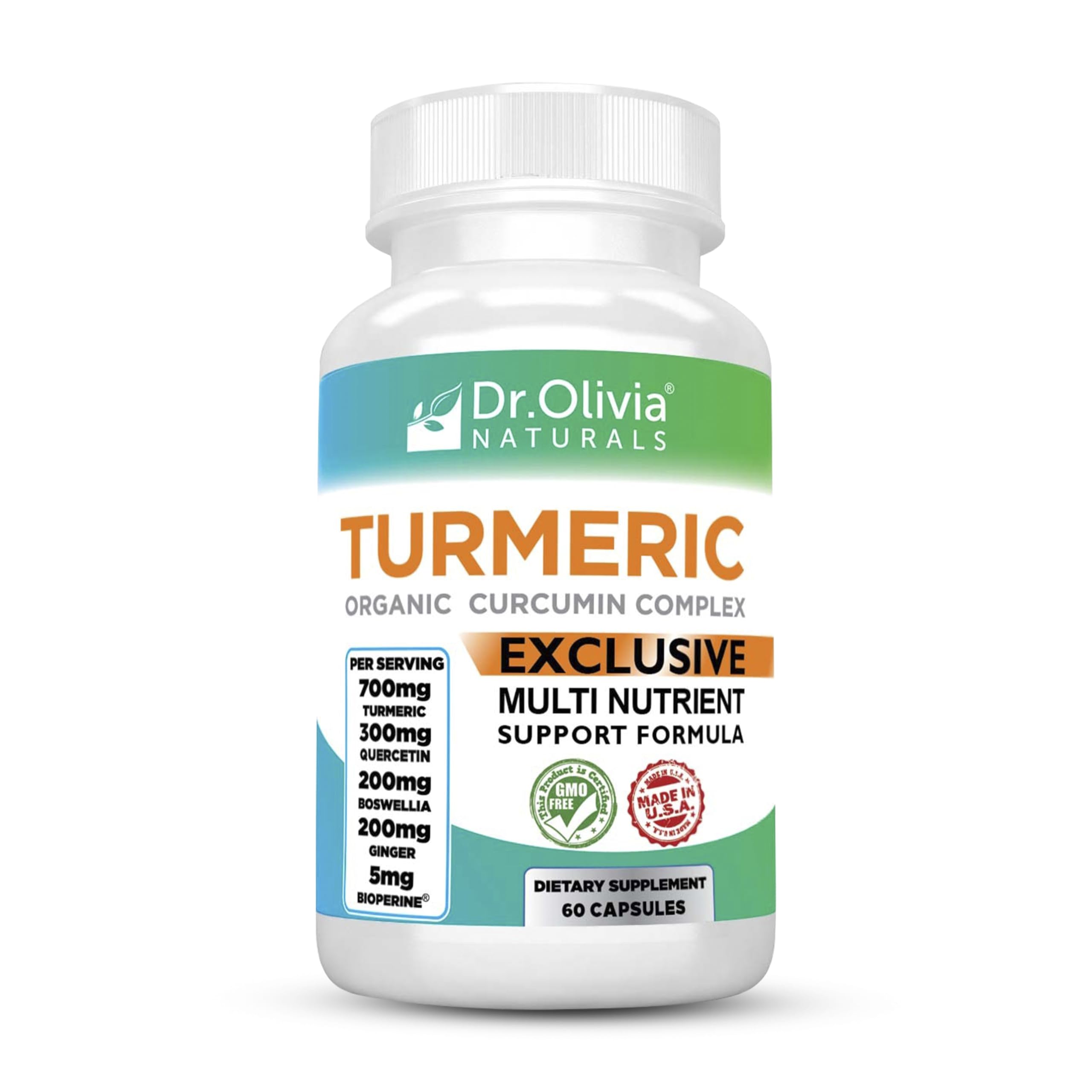 Dr. Olivia Naturals turmeric complex bottle front view for daily joint support
