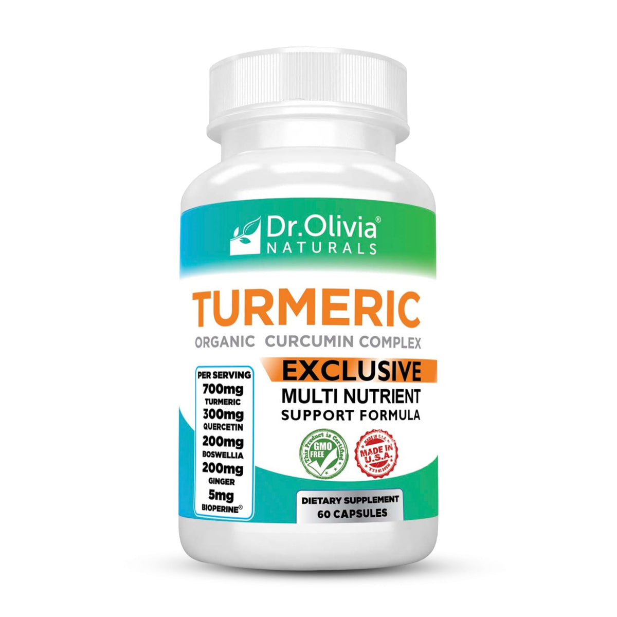 Dr. Olivia Naturals turmeric complex bottle front view for daily joint support
