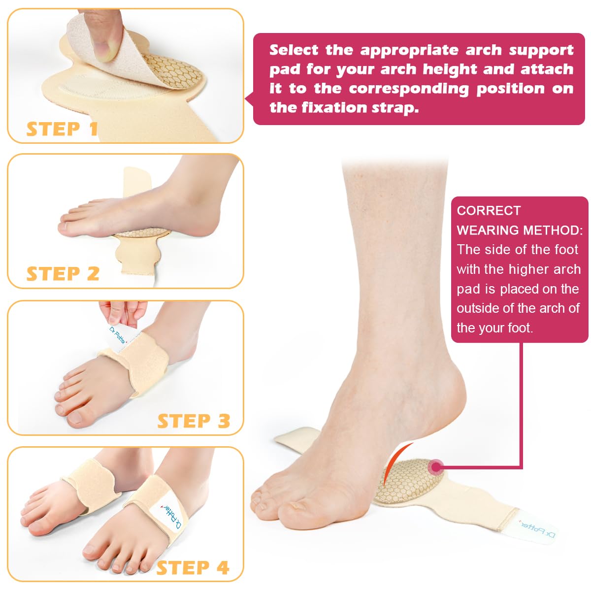DR. POTTER+ soft gel arch inserts cushion the arch without bulk.