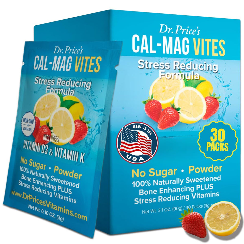 Dr Price's Cal-Mag Vites strawberry lemon packets ready for daily use.