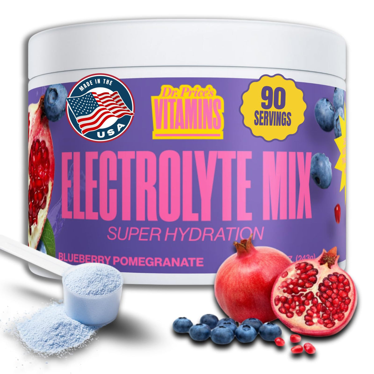 Dr. Price's Electrolytes blueberry-pomegranate 90 servings label front supports convenient daily hydration.
