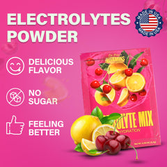 Dr Price's Cherry Lemonade electrolytes being mixed in a glass with ice.