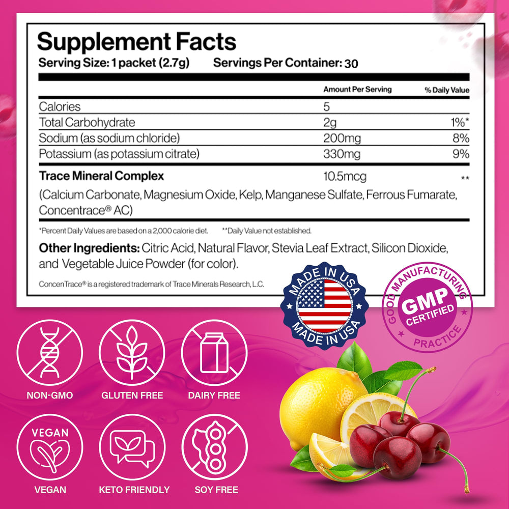 USA-made doctor formulated label on Dr Price's Cherry Lemonade electrolyte bottle.
