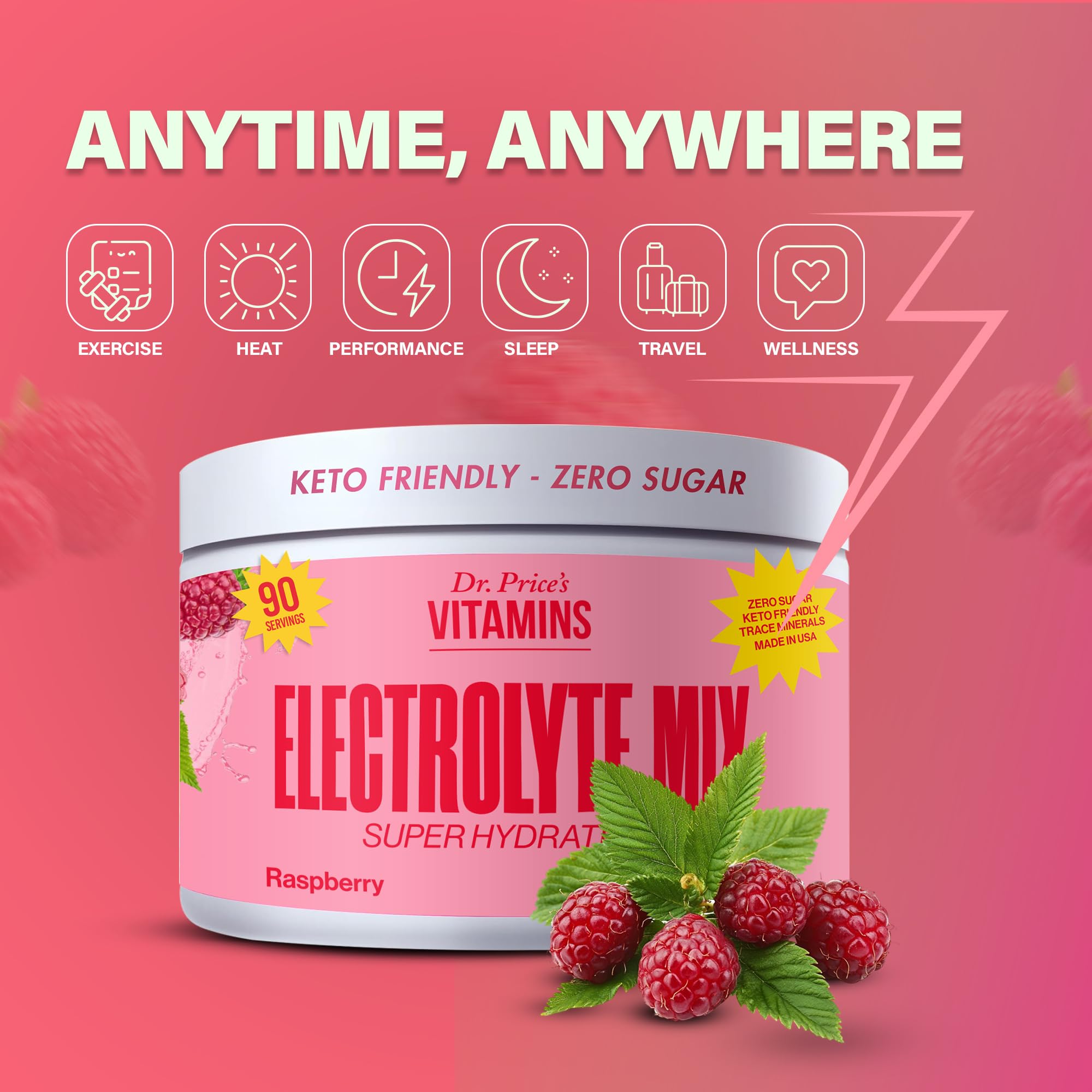 Dr. Price's Raspberry electrolytes label highlights 72+ minerals for balance