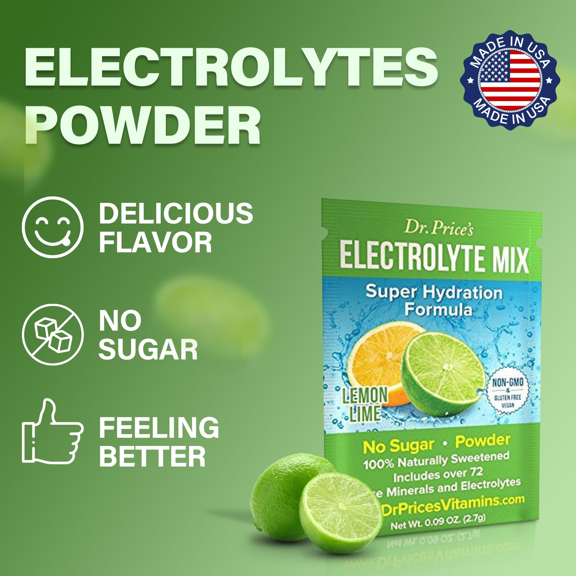 Powder dissolving in water from Dr. Price’s Electrolytes Lemon Lime for fast hydration.