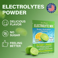 Powder dissolving in water from Dr. Price’s Electrolytes Lemon Lime for fast hydration.