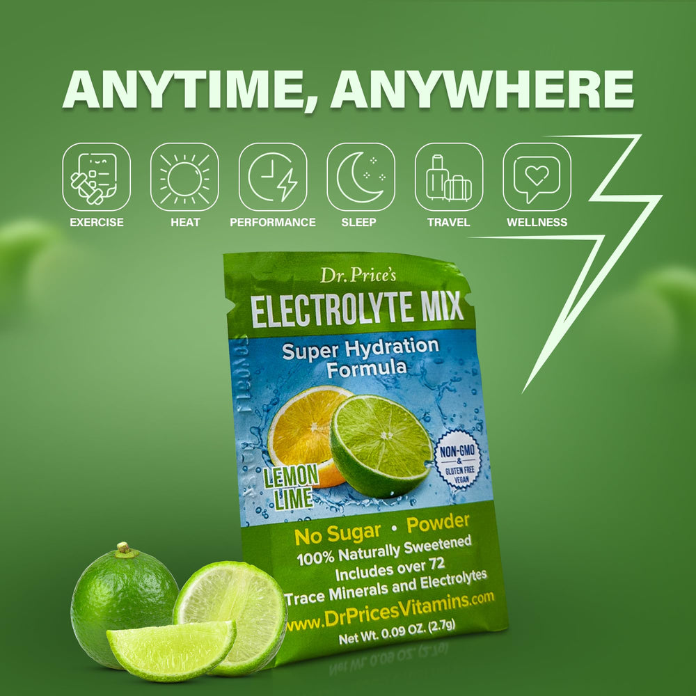 Dr. Price’s Lemon Lime electrolytes poured into a glass for refreshing hydration.