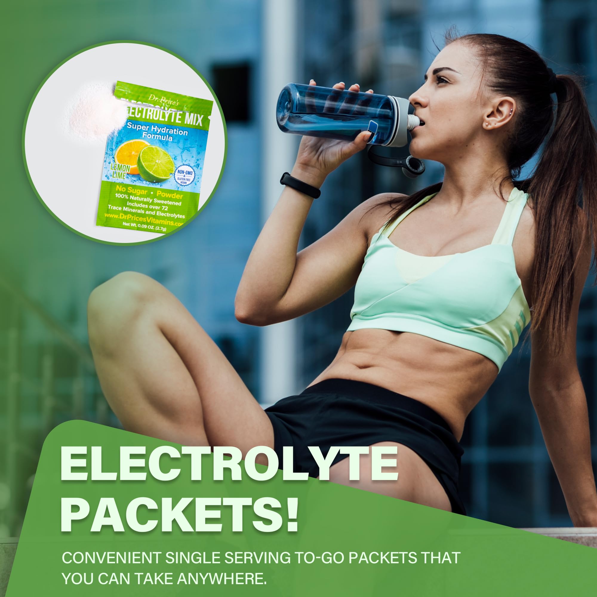 Dr. Price’s Electrolytes packets in a travel setup for on-the-go hydration.