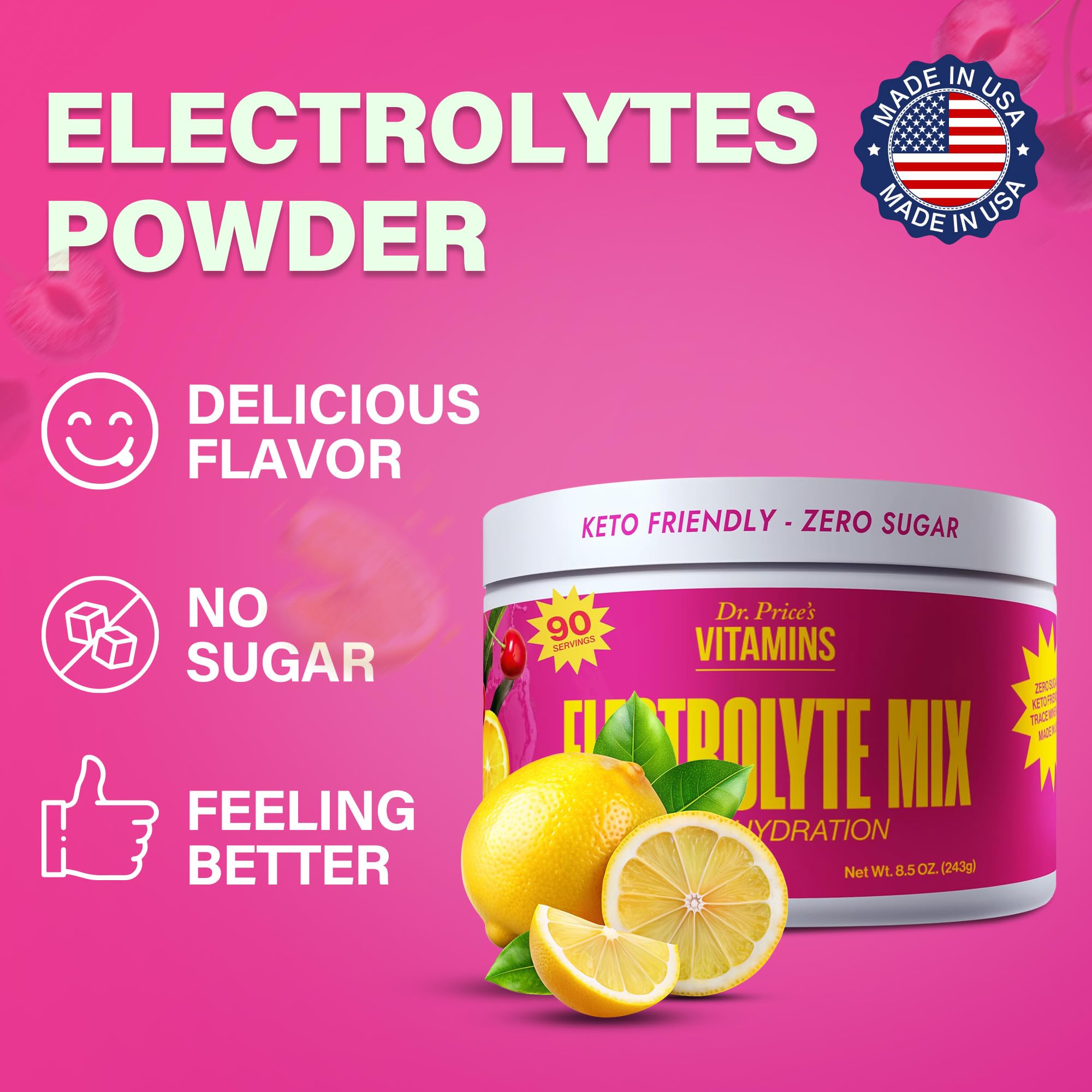 Dr Price's Electrolytes Cherry Lemonade glass for refreshing hydration on the go