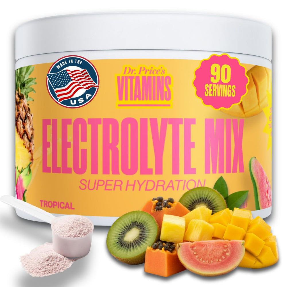 Dr. Price's Electrolytes Tropical bottle promotes refreshing daily hydration