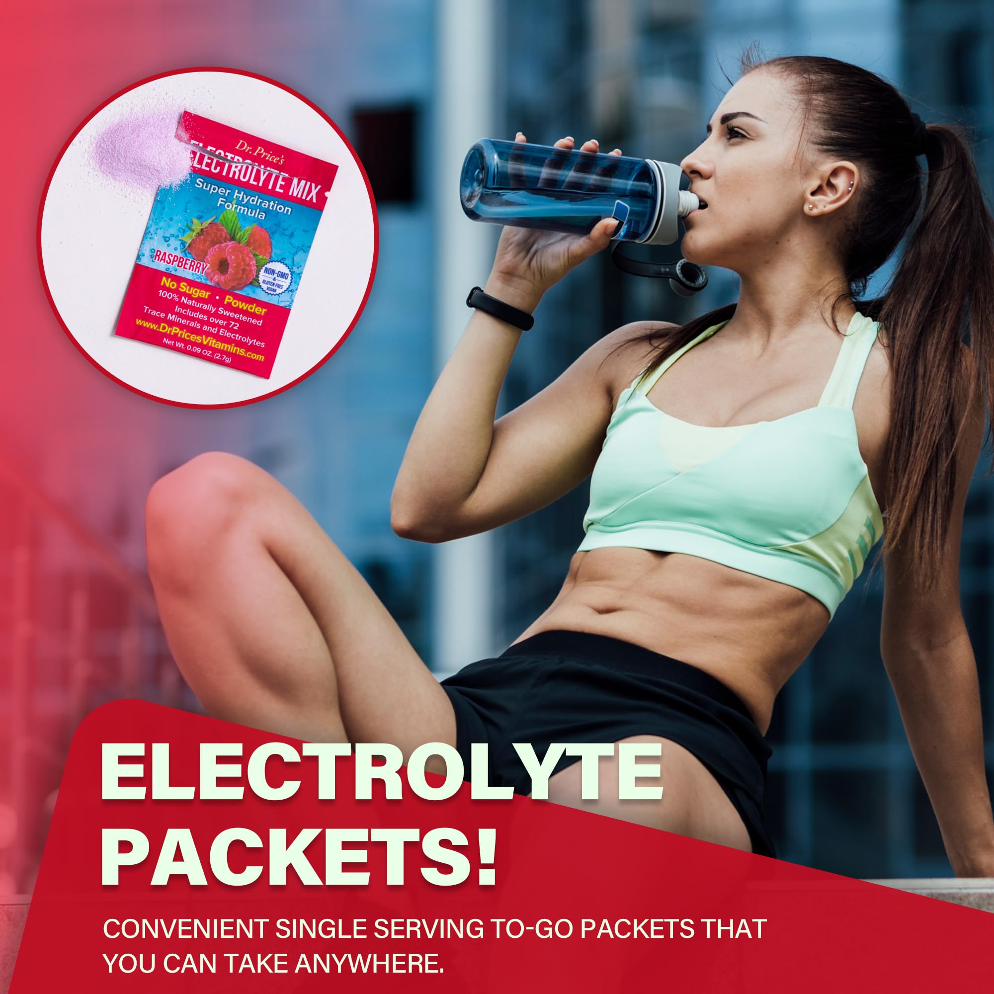 Bottle of Dr. Price's Raspberry Electrolytes at the gym.
