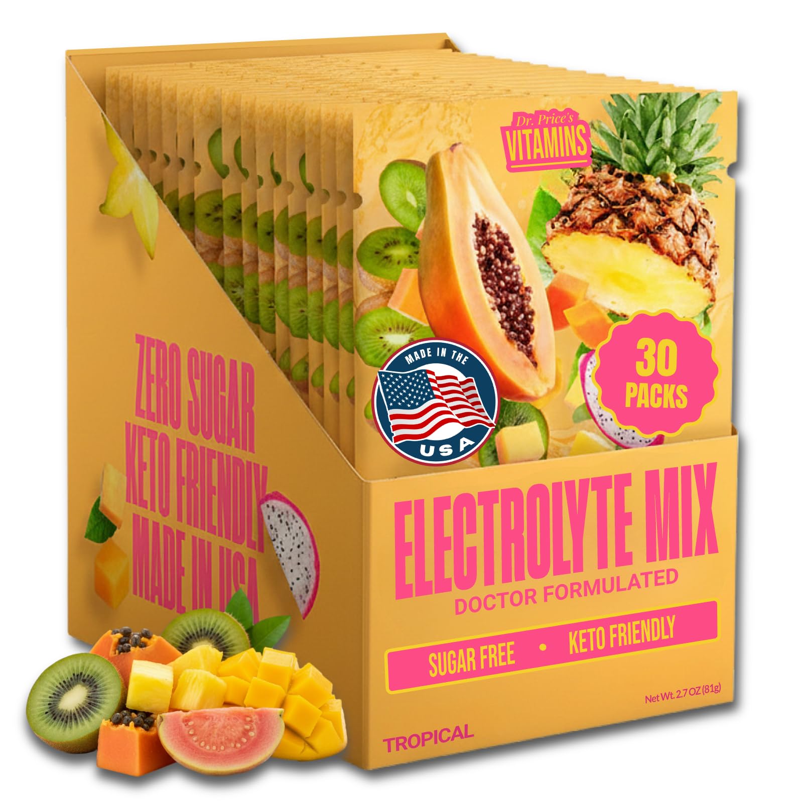 Dr. Price’s Electrolytes Tropical bottle pour supports quick hydration during workouts.