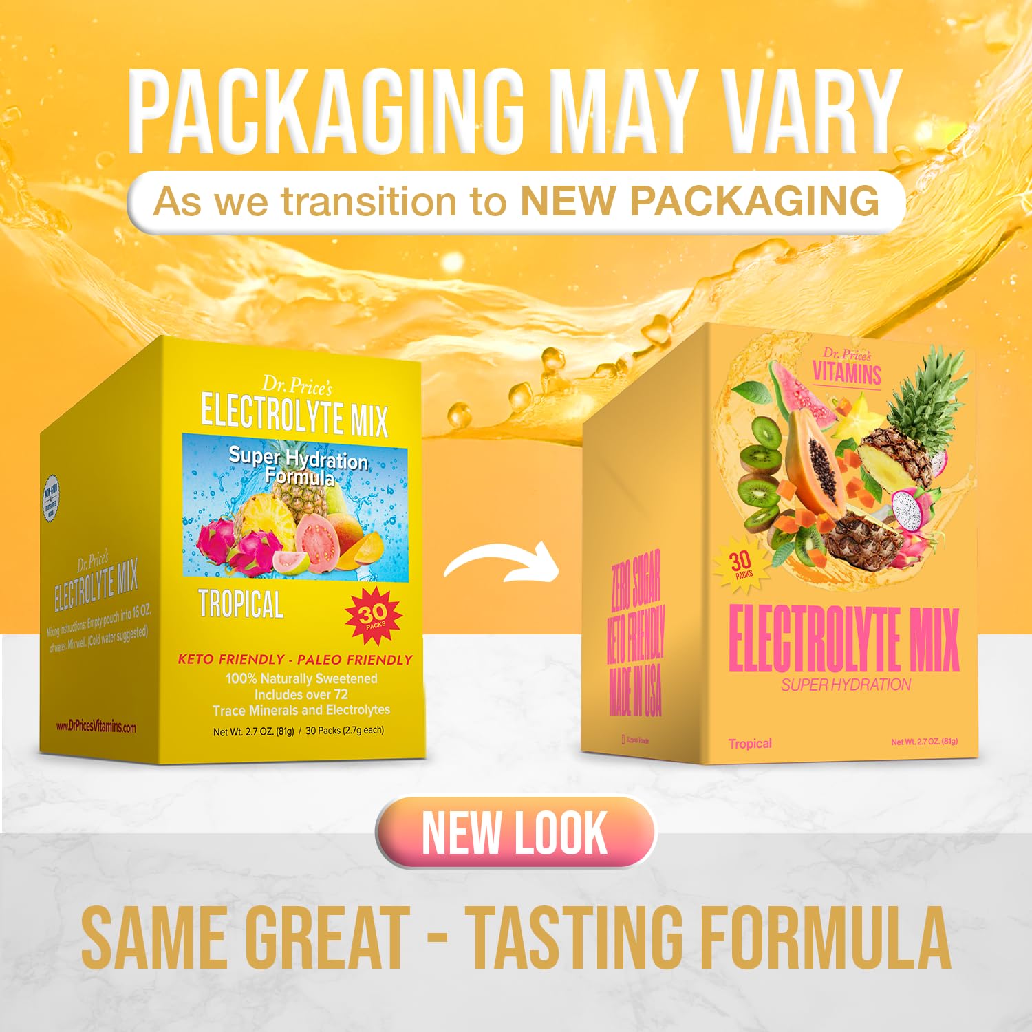 Dr. Price’s Electrolytes Tropical pack dissolves quickly in water for on-the-go hydration.