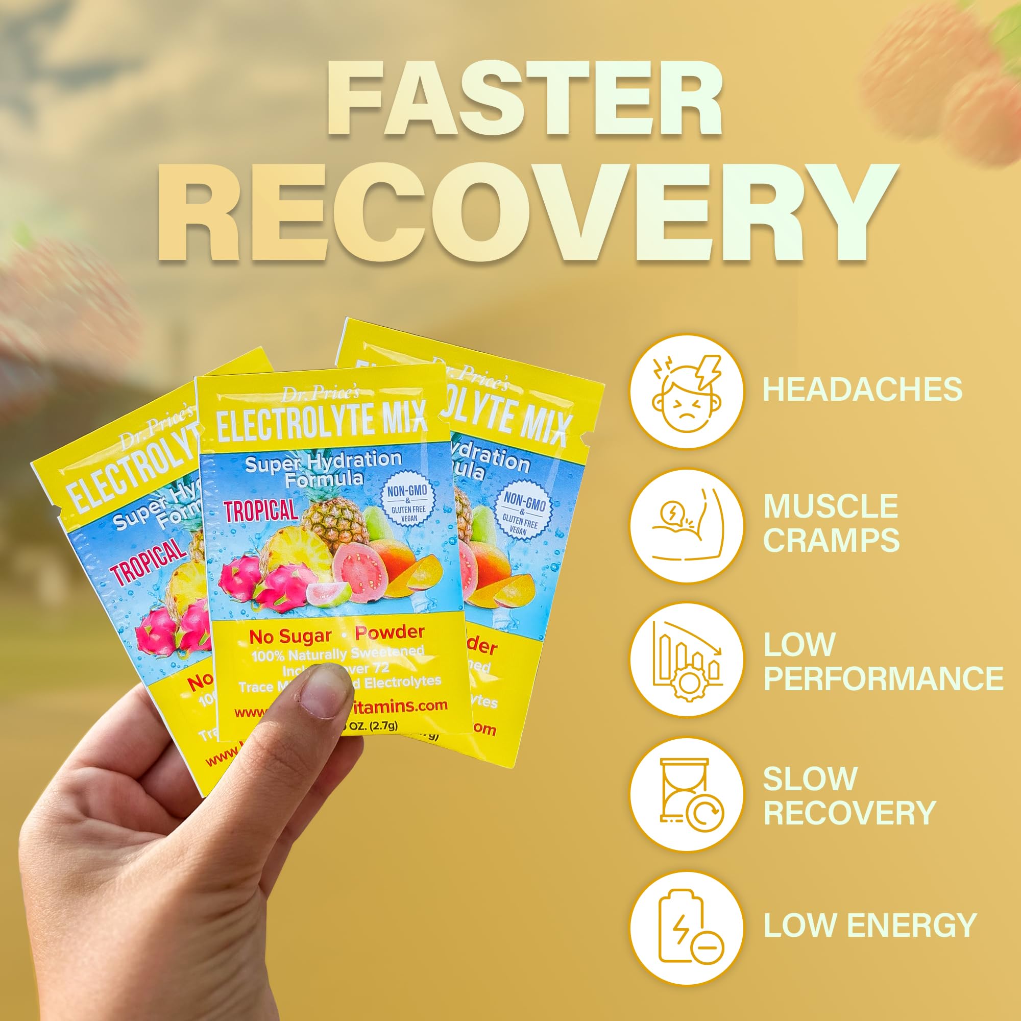 Travel setup with Dr. Price’s Tropical pack for sugar-free hydration on trips.