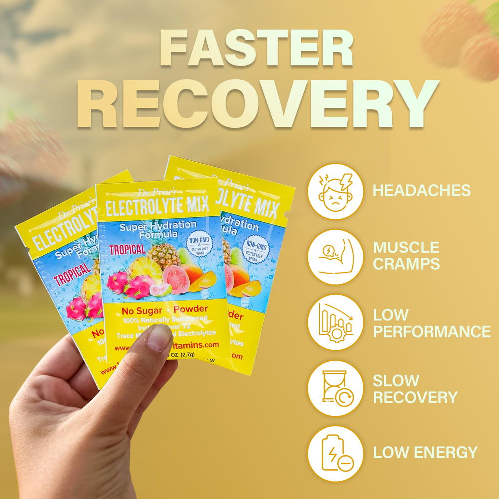 Travel setup with Dr. Price’s Tropical pack for sugar-free hydration on trips.