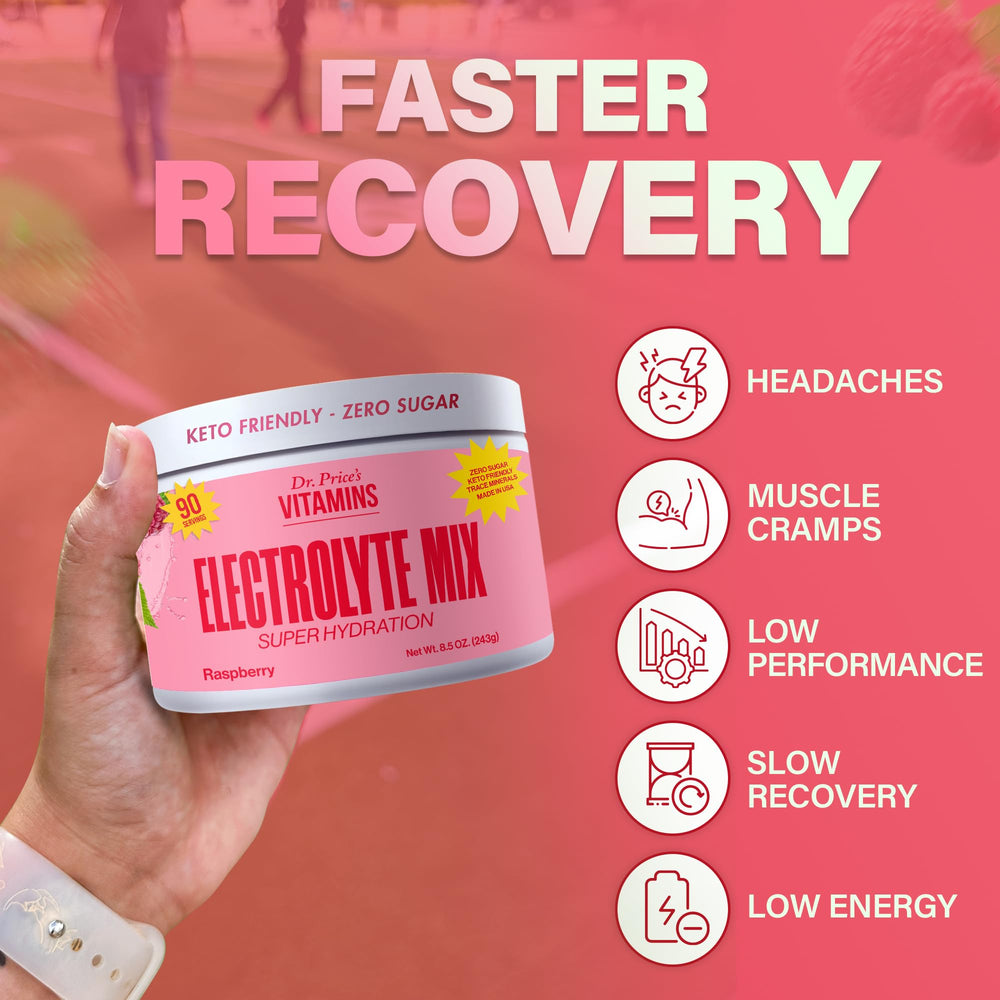Vegan formulation of Dr. Price's Raspberry electrolytes in sleek packaging