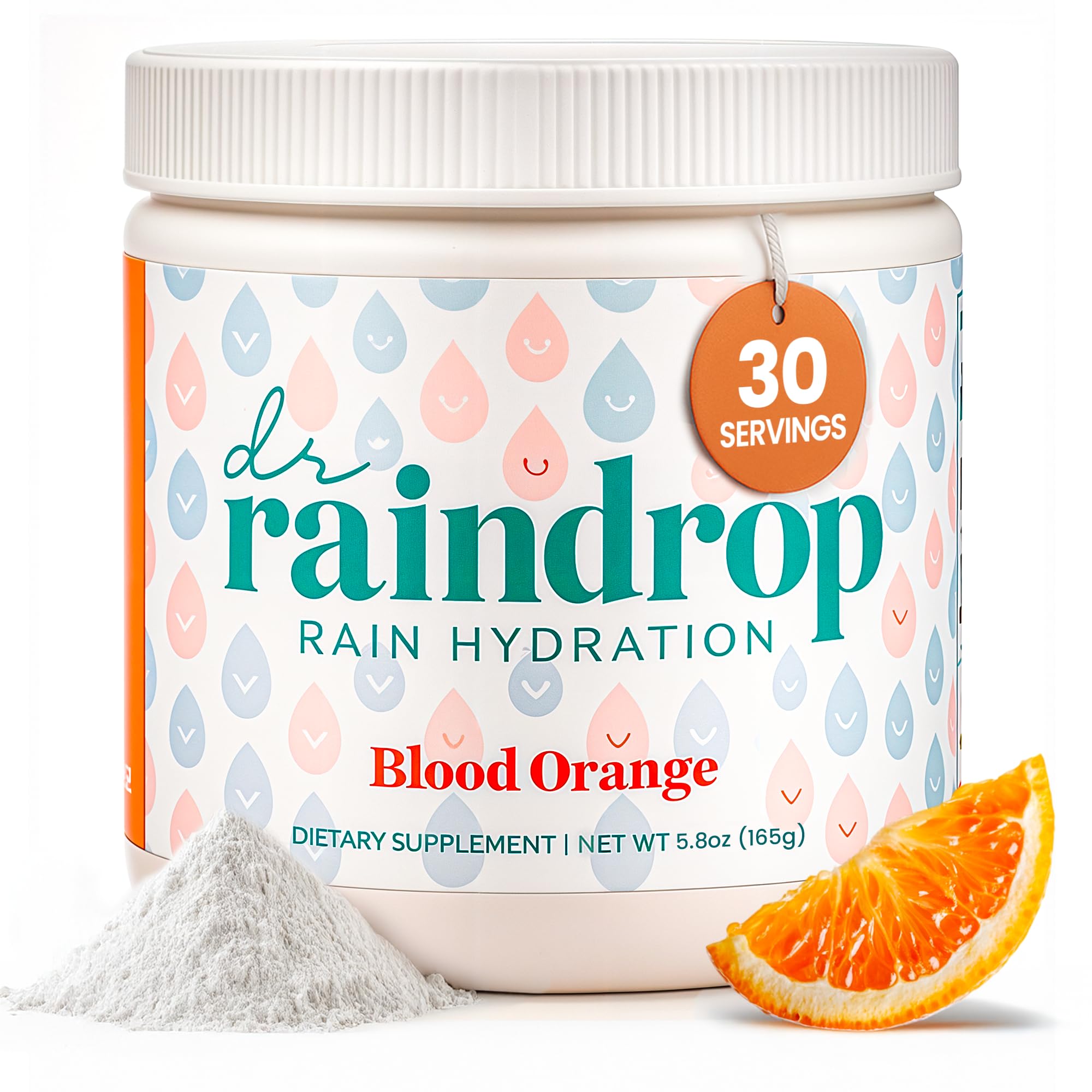 Dr Raindrop Electrolytes powder in tub, blood orange flavor, ideal for post-workout hydration.