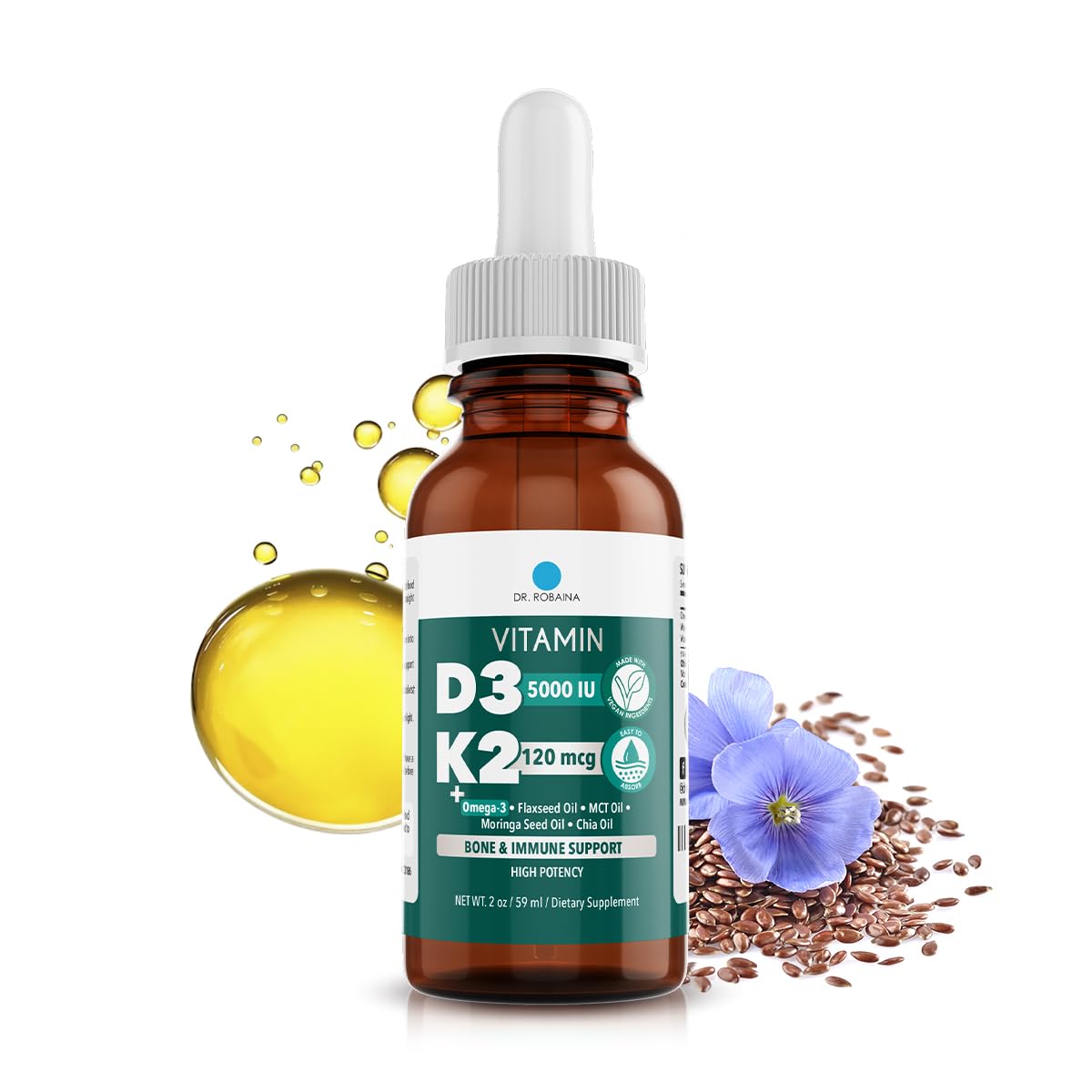 Dr. Robaina D3 + K2 Drops bottle featuring vegan, high-potency formula for daily wellness.